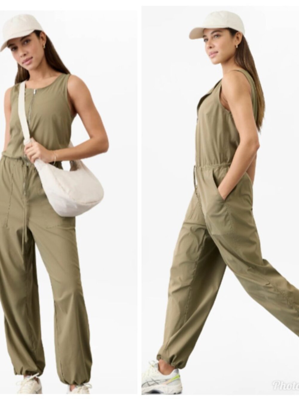 Athleta Brooklyn Utility Jumpsuit Small Olive Green Cargo Lightweight Cinch Cuff